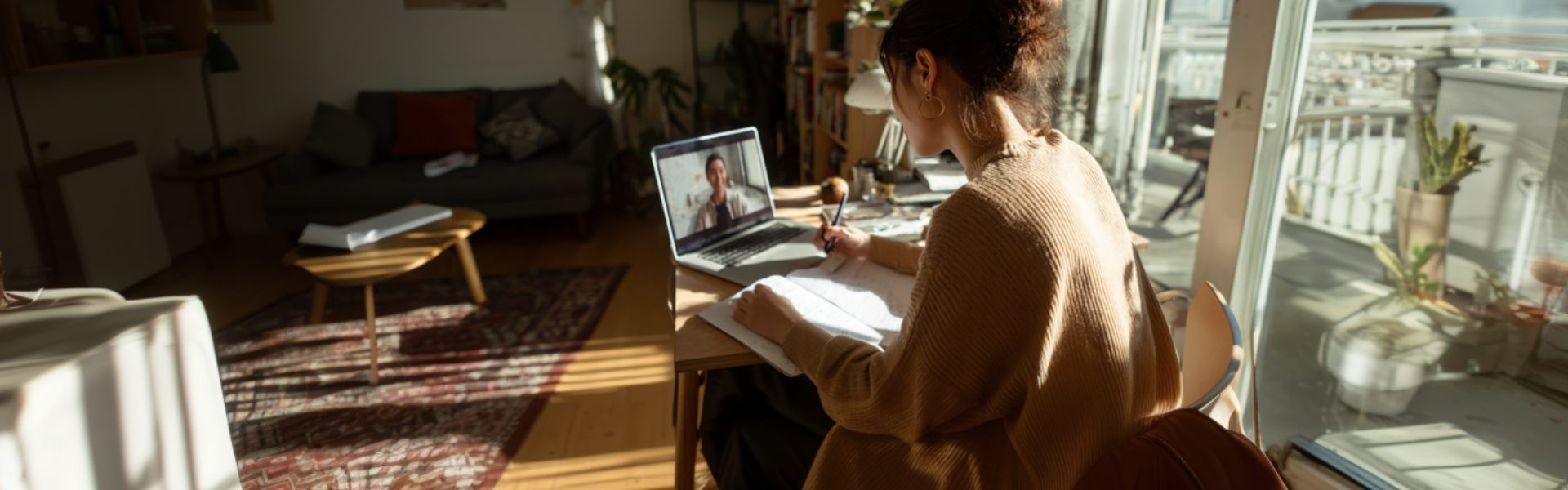 An online Bachelor of Arts in International Relations and Diplomacy student taking a virtual class.