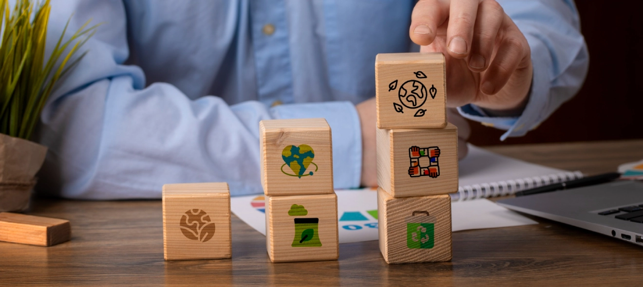 Sustainable development and environmental responsibility represented by eco-friendly wooden blocks