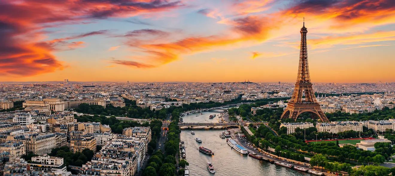 An aerial view of Paris and the Seine River in France