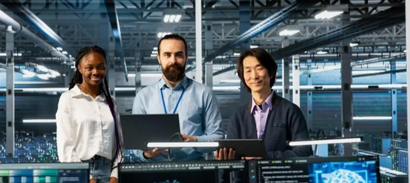 A team of computer scientists stand in an office behind several computers.