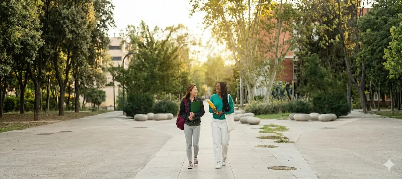 Two study abroad students holding notebooks walk outside